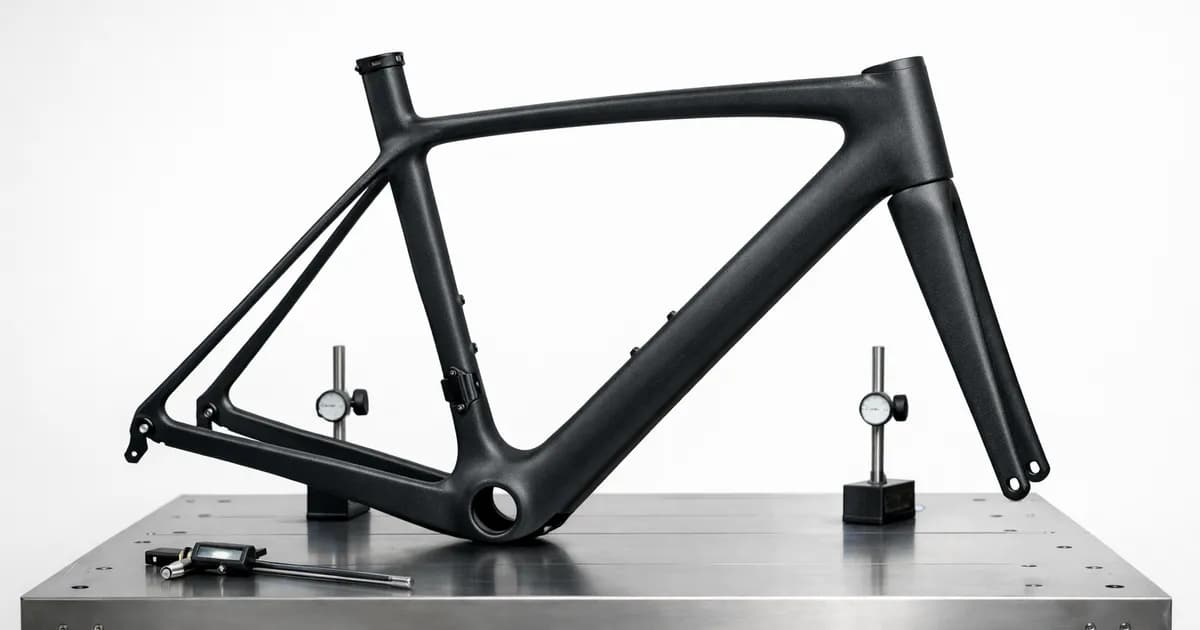 Cuadro de bicicleta de carbono sobre mesa de revisión con luz natural y fondo limpio