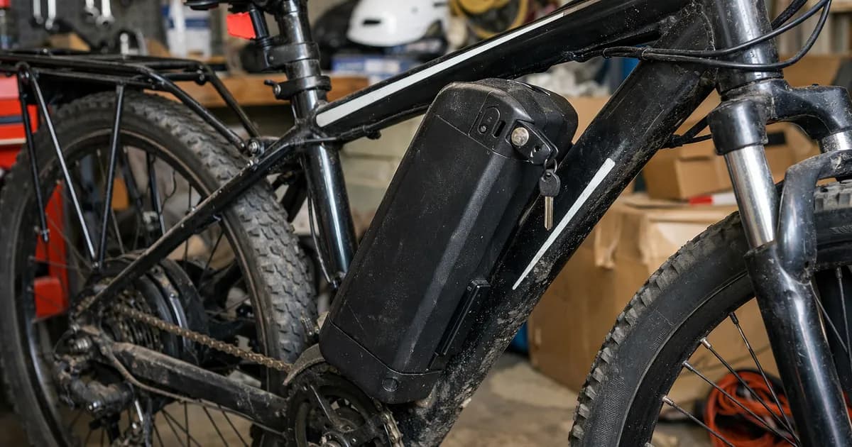 Batería de bicicleta eléctrica usada montada en el cuadro, vista lateral en un garaje