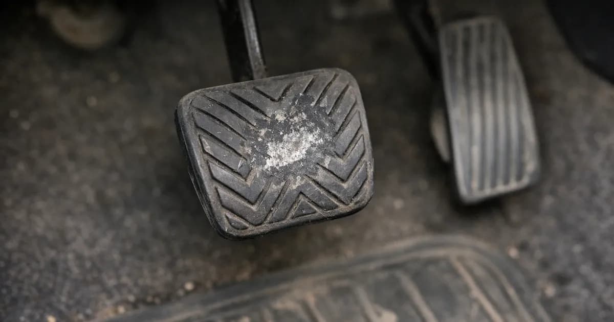 Pedal de embrague desgastado en el interior de un coche con cambio manual.