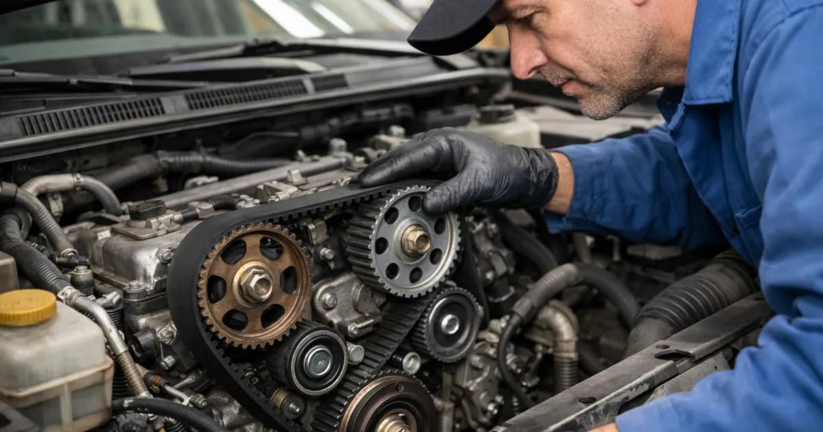 Correa de distribución en el vano motor mientras un mecánico la inspecciona