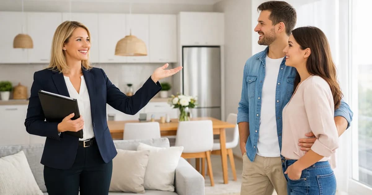 Agente inmobiliario mostrando el interior de un piso luminoso y limpio