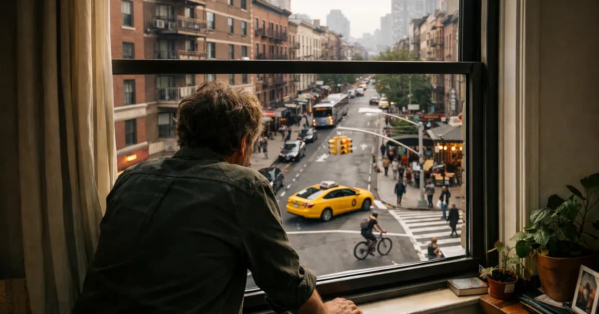 Persona mirando la calle urbana desde la ventana de un piso, analizando el barrio.
