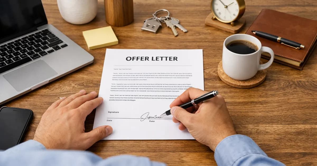 Comprador firmando una oferta por un piso en un escritorio ordenado con documento y bolígrafo