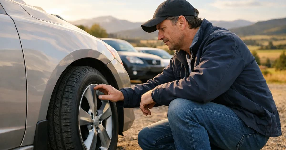 Persona inspeccionando un coche de segunda mano, comprobando neumáticos y carrocería