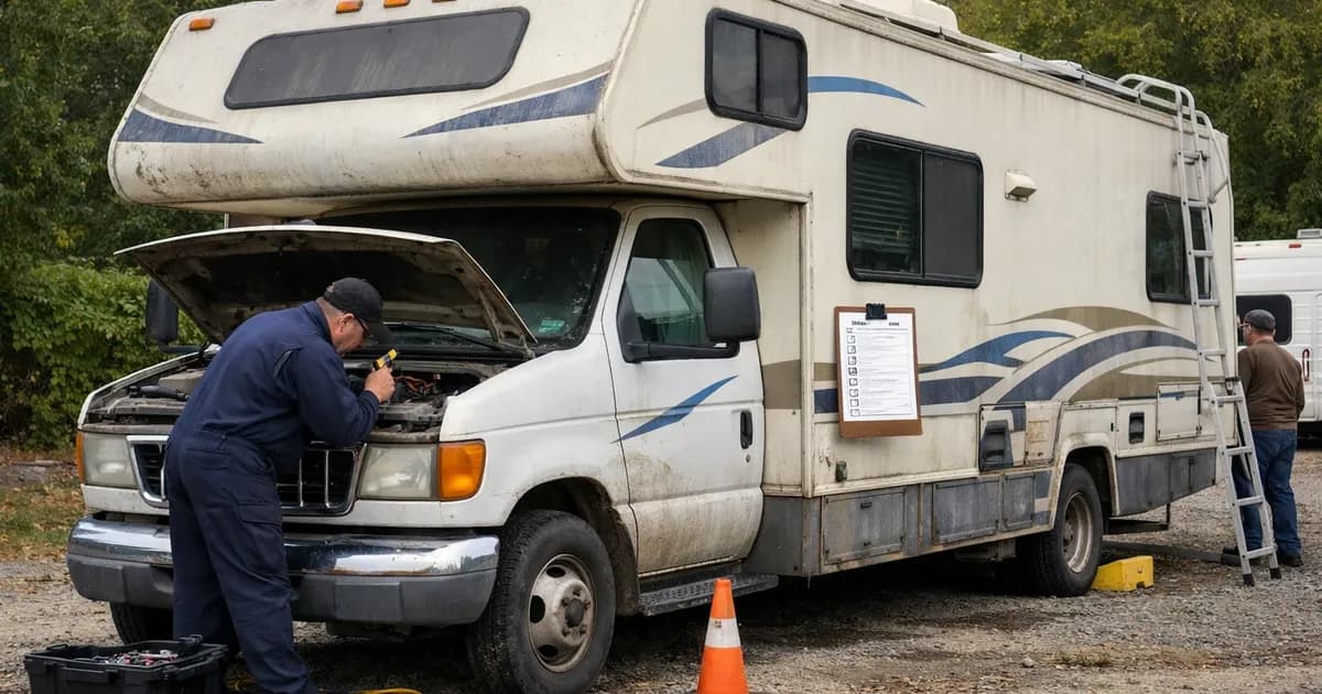 Autocaravana de segunda mano estacionada durante una inspección exterior