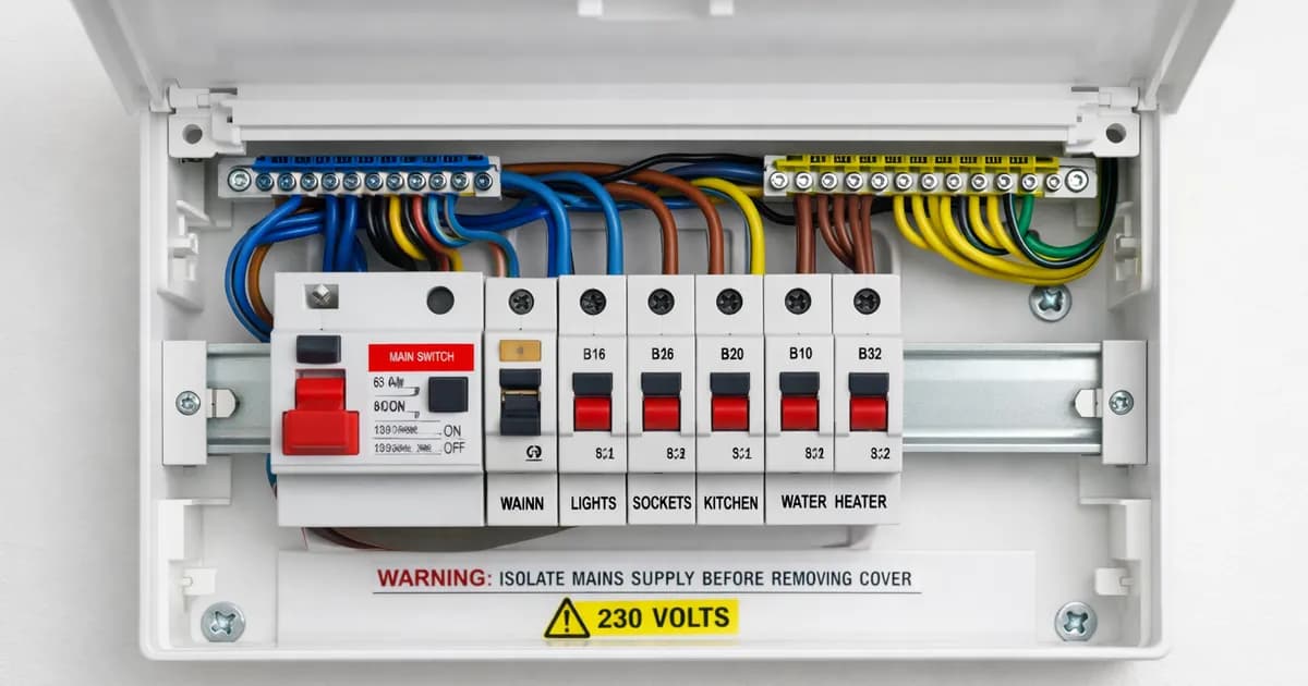 Cuadro eléctrico abierto en un piso con automáticos y diferencial visibles.