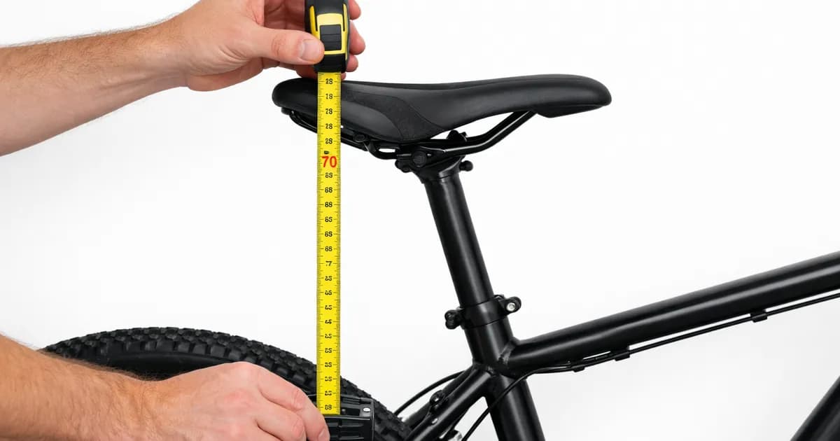Persona midiendo la altura del sillín de una bicicleta con una cinta métrica sobre fondo limpio