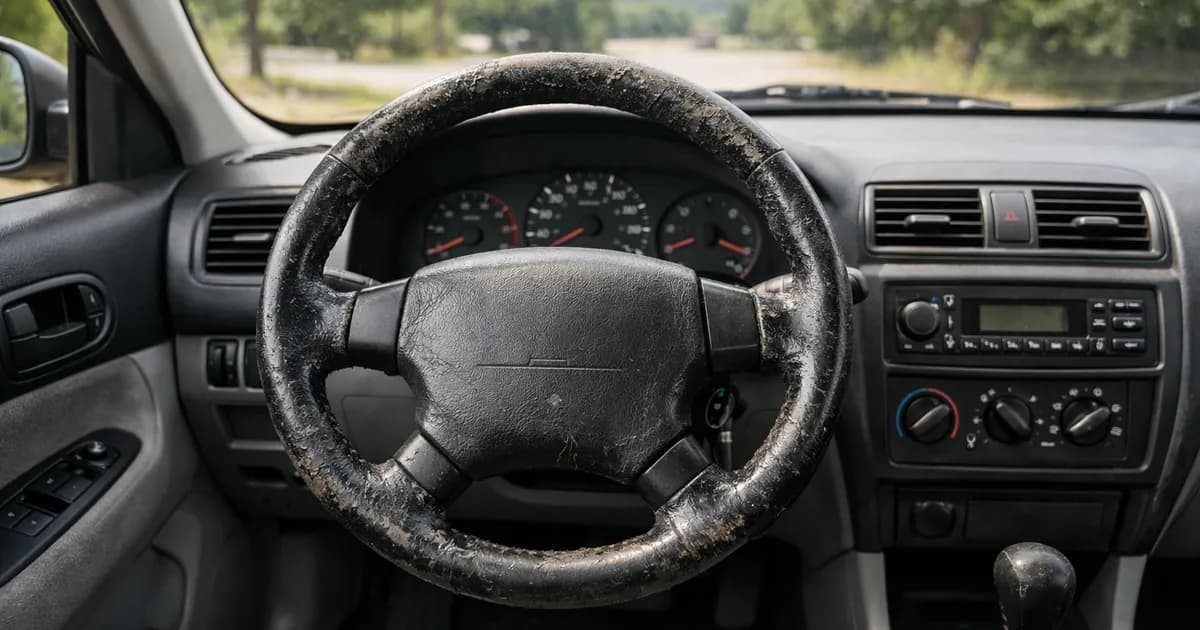 Volante de coche usado con brillo y desgaste en un interior limpio