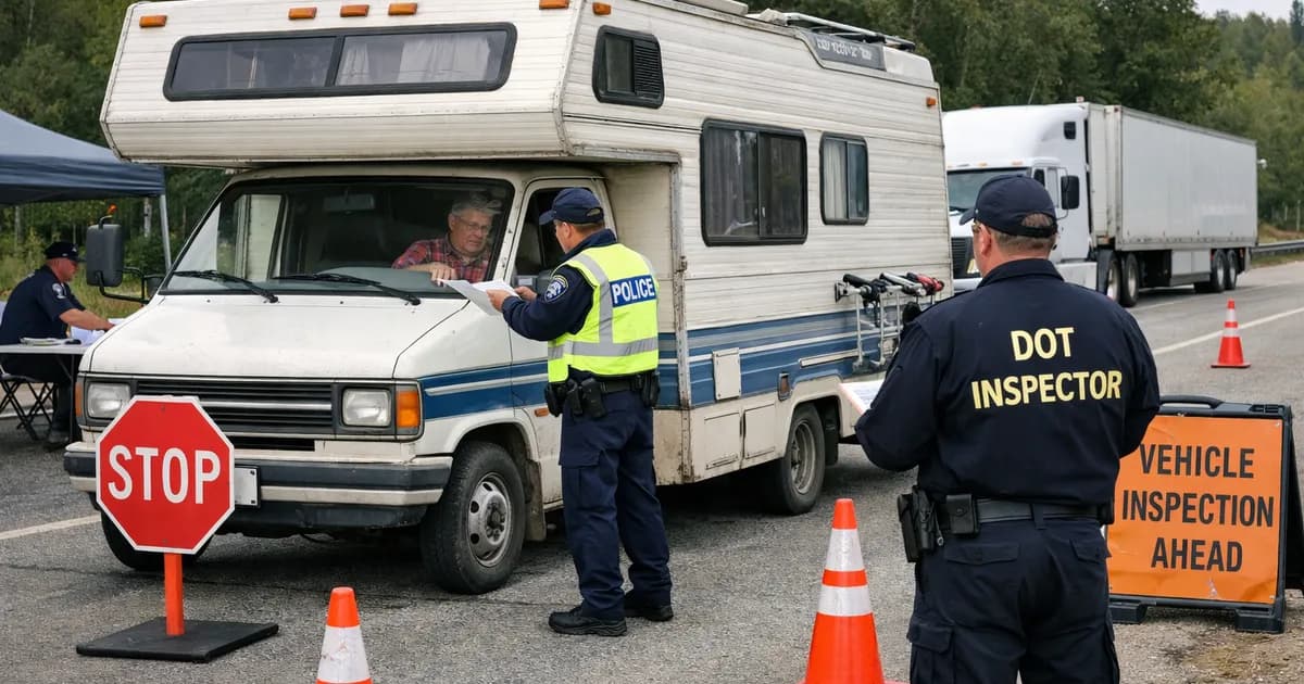 Autocaravana de segunda mano aparcada en una inspección junto a la carretera, puerta abierta