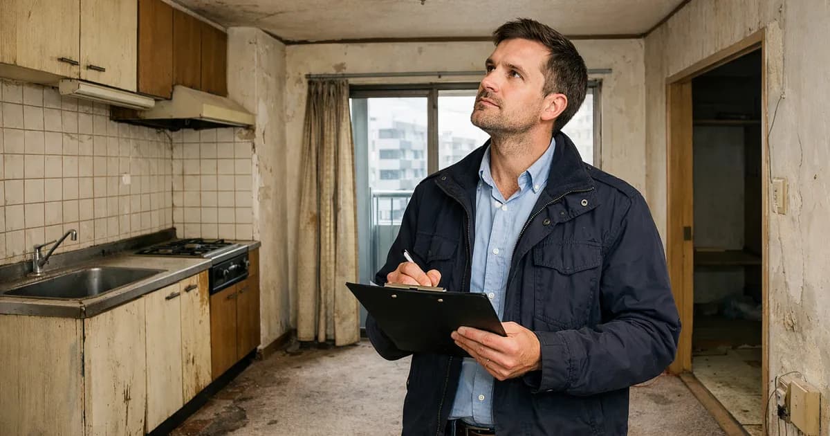 Persona revisando el interior de un piso de segunda mano y comprobando documentos y detalles del inmueble.