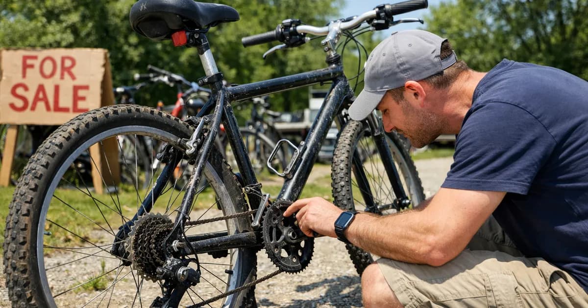 Persona inspeccionando una bicicleta de segunda mano al aire libre, comprobando cuadro, ruedas y componentes.