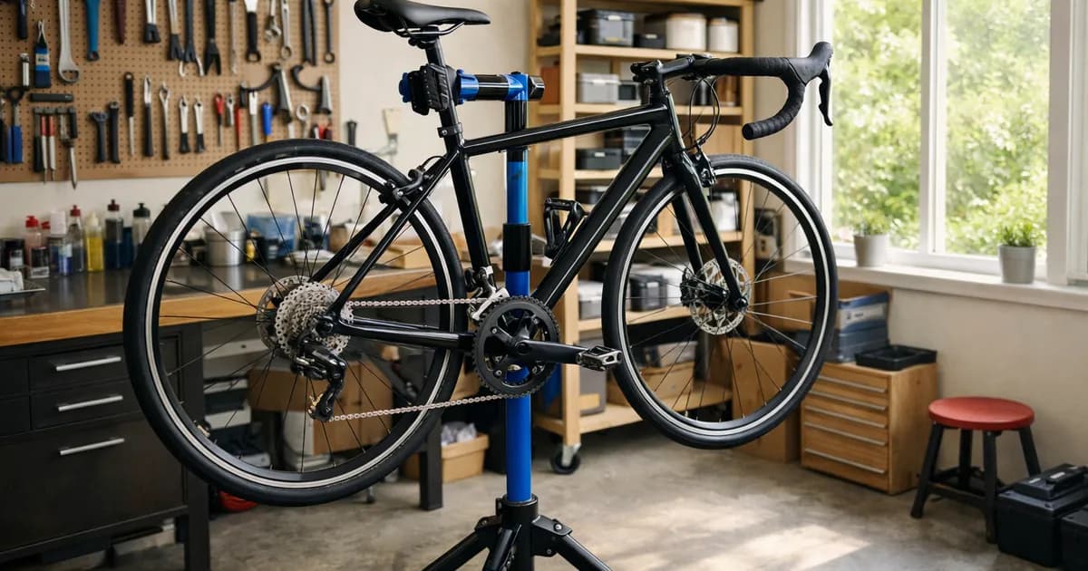 Bici de segunda mano en un caballete de taller, lista para puesta a punto