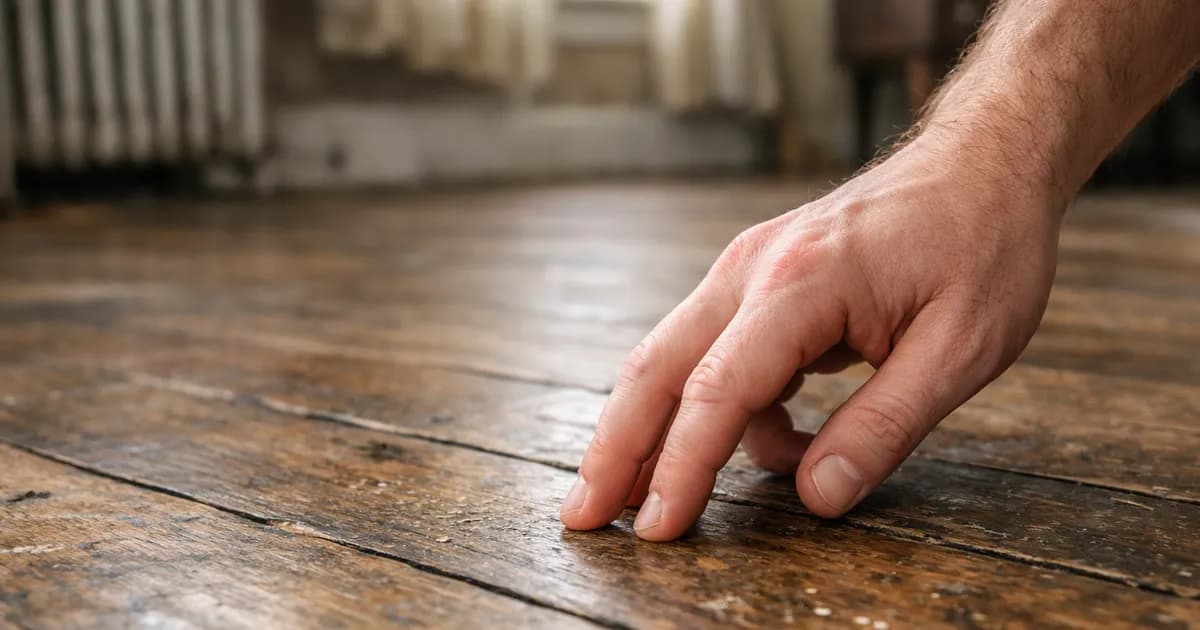 Mano golpeando el suelo de madera junto a un rodapié en un piso antiguo para detectar daños