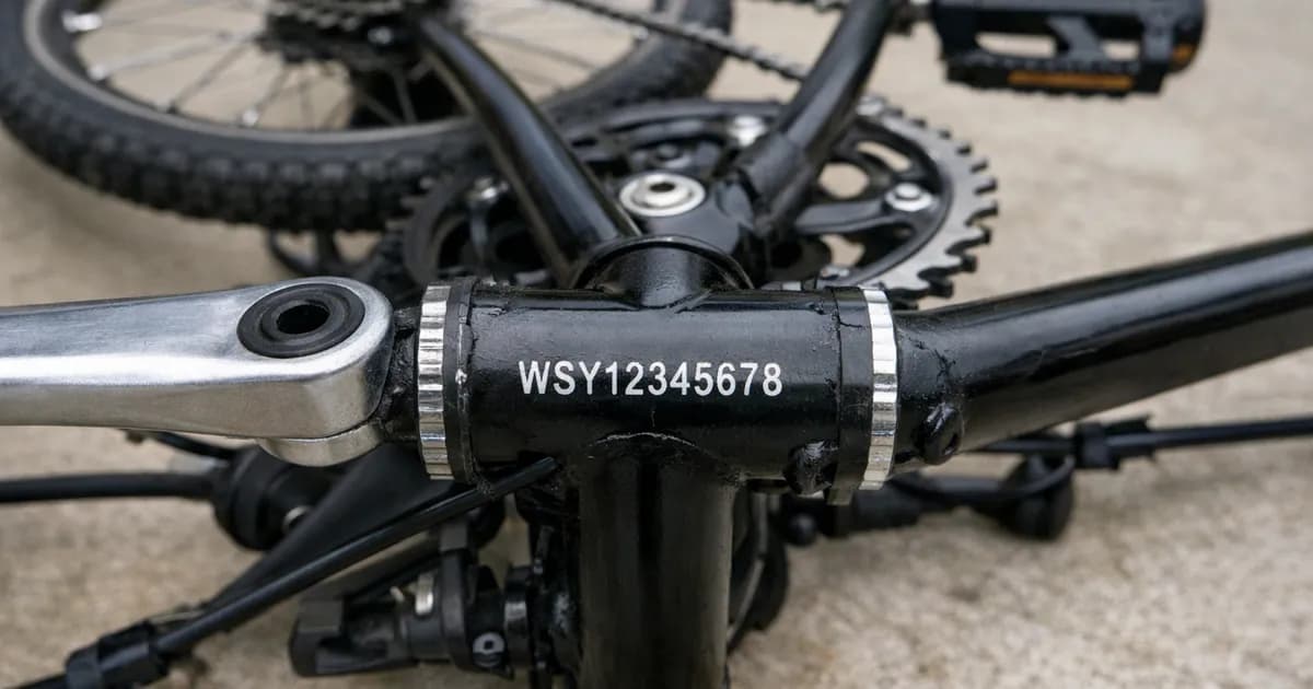 Bicicleta volteada mostrando el número de serie grabado en la caja del pedalier