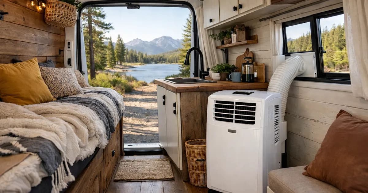 Aire acondicionado portátil instalado en el interior de una autocaravana