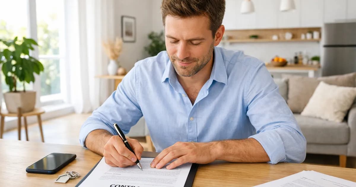 Persona firmando un contrato de arras en el salón de un piso