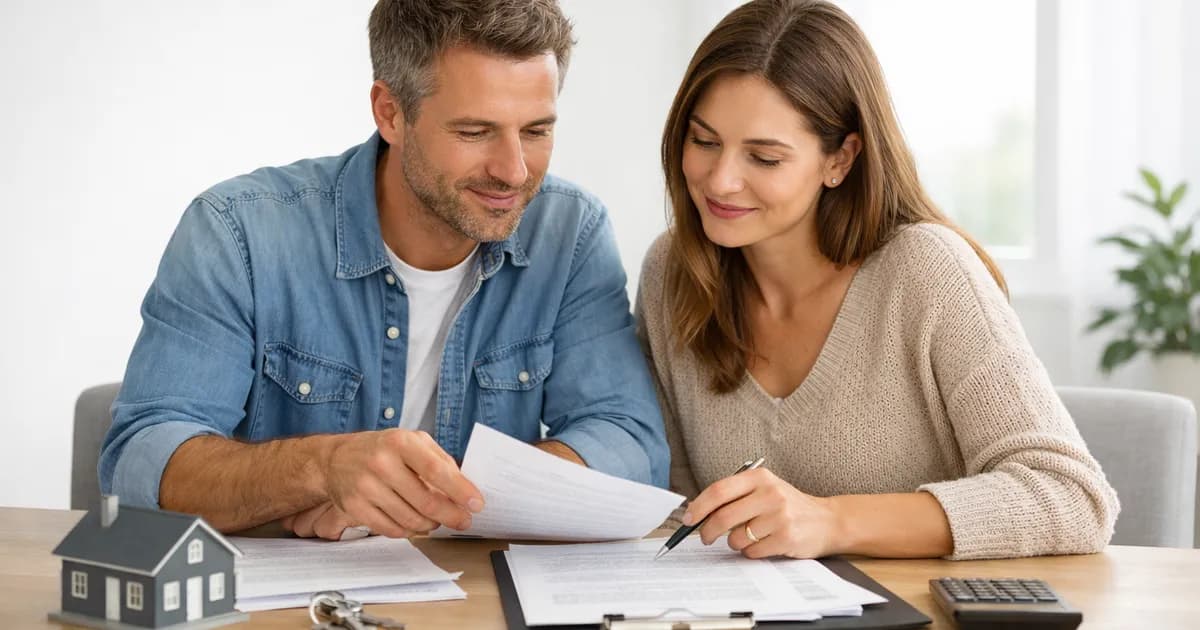 Pareja revisando documentos de compraventa de vivienda en una mesa