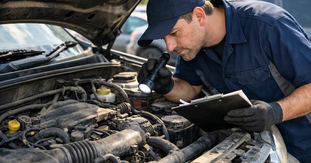 Mecánico inspeccionando el motor de un coche de segunda mano al aire libre