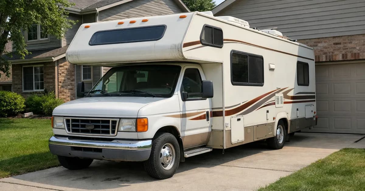 Autocaravana de segunda mano estacionada en una entrada, vista lateral bajo luz natural