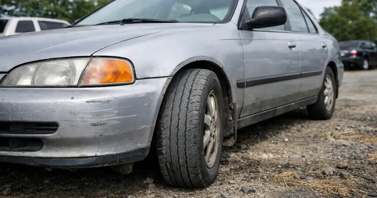 Coche de segunda mano aparcado en exterior con neumático visiblemente desgastado