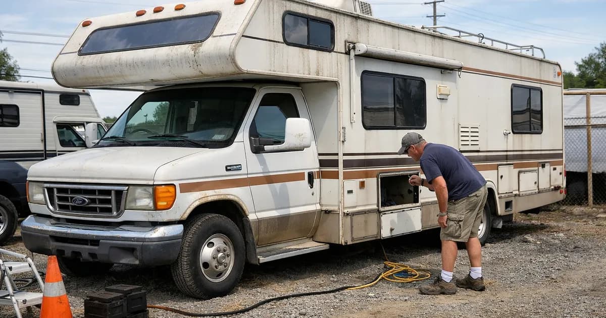 Autocaravana de segunda mano aparcada en inspección exterior por humedades y daños
