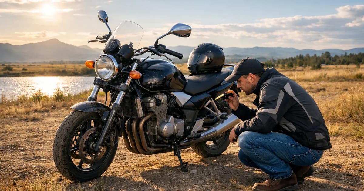 Comprador inspeccionando una moto de segunda mano estacionada al aire libre