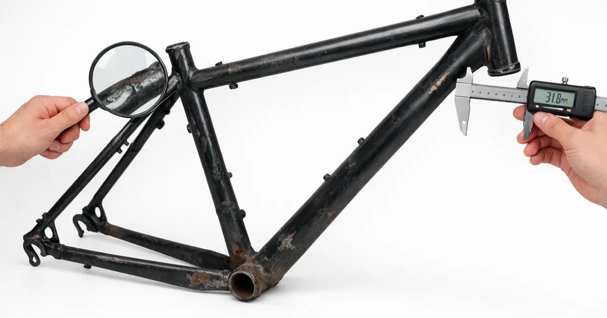 Inspección de cuadro de bicicleta de segunda mano con luz, buscando grietas y soldaduras