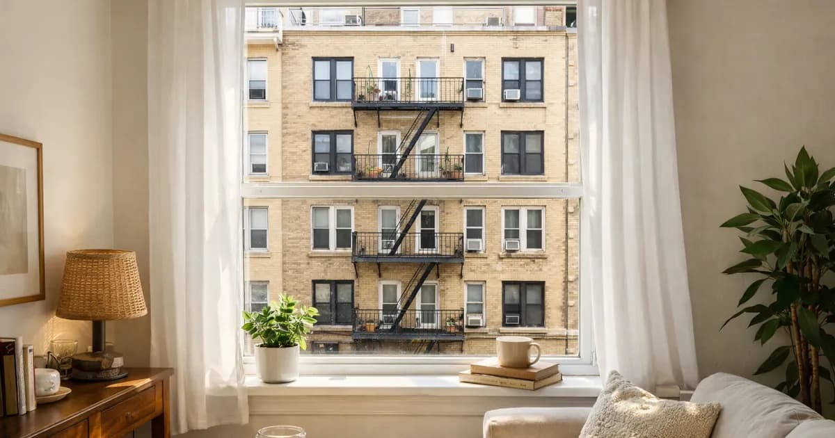 Ventana de piso iluminada con luz natural y edificio vecino que proyecta sombra