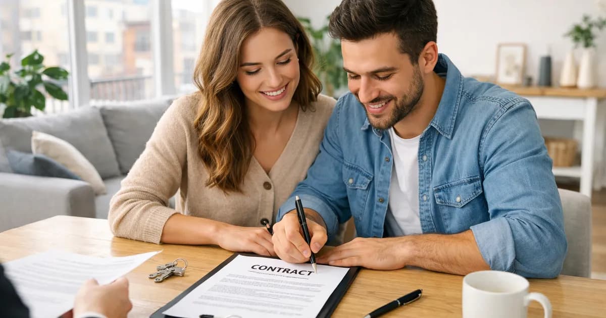 Pareja firmando contrato de compraventa en un piso luminoso, con llaves sobre la mesa