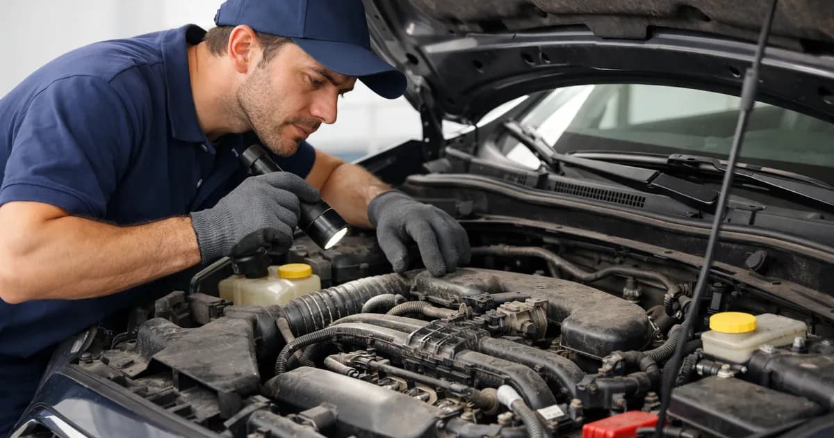 Manos de un mecánico inspeccionando el vano motor de un coche de segunda mano.