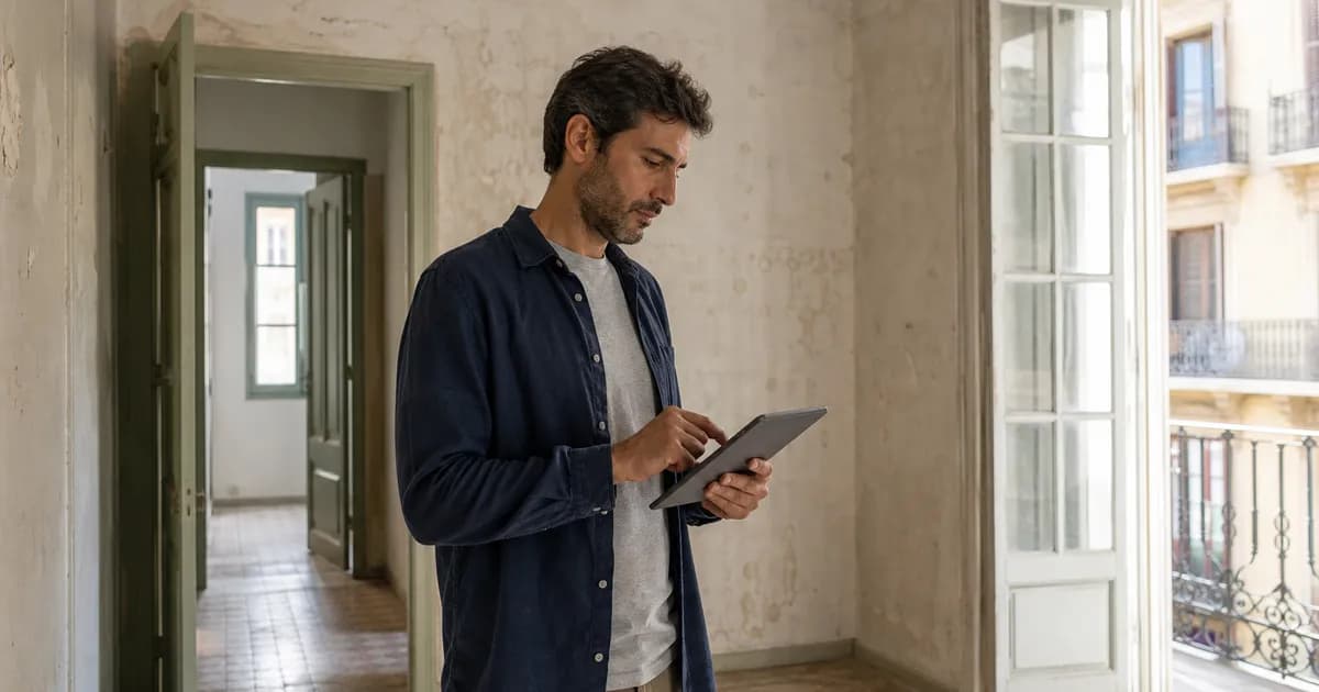 Un hombre revisa un piso de segunda mano con una tablet en un interior luminoso