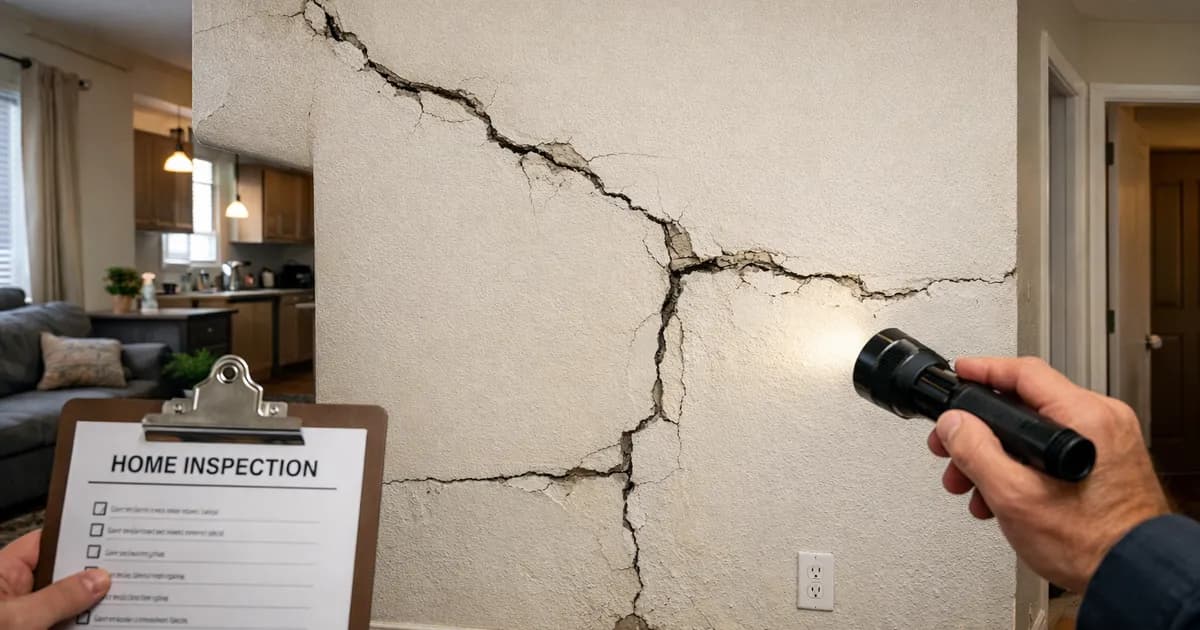 Grieta visible en la pared interior de un piso durante una inspección, primer plano