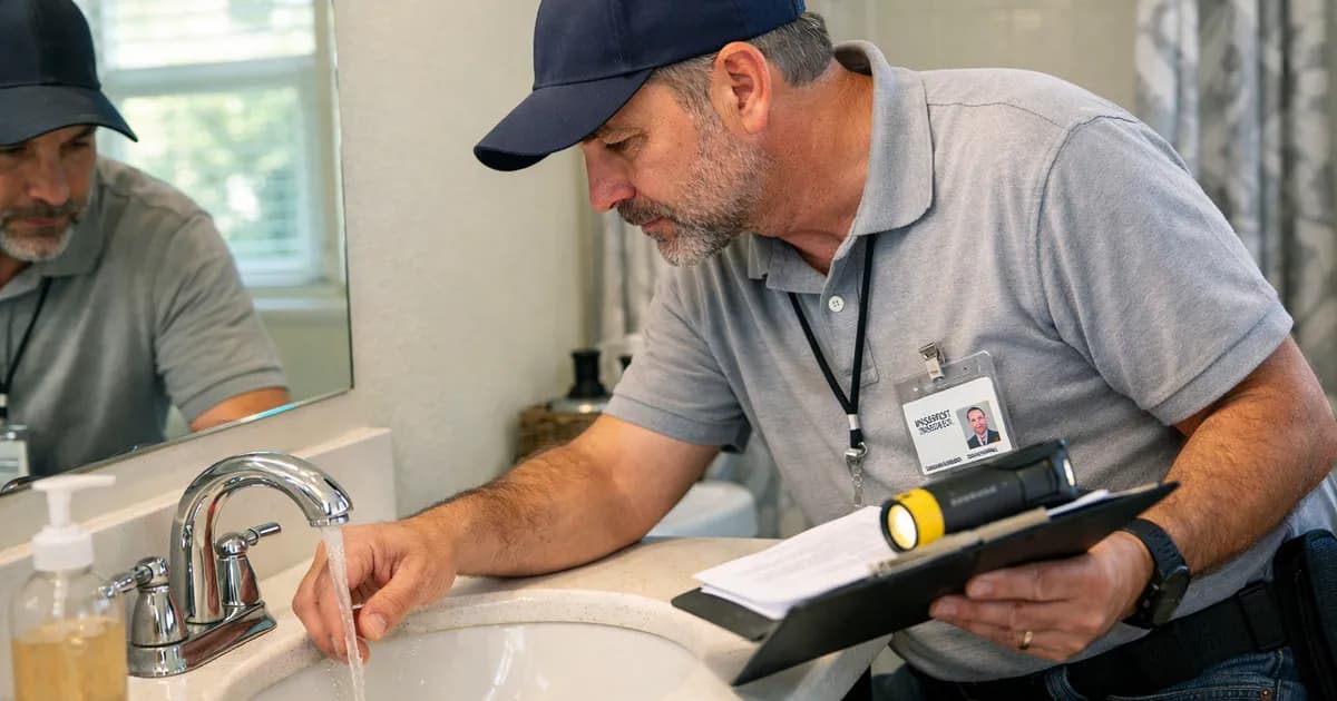 Inspector revisando un lavabo de baño en un piso, con luz natural y fondo limpio