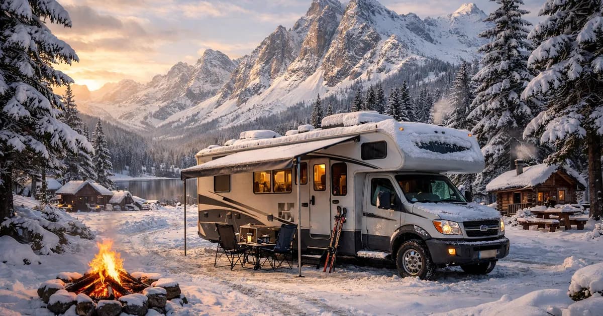 Autocaravana preparada para invierno aparcada en un camping de montaña con nieve